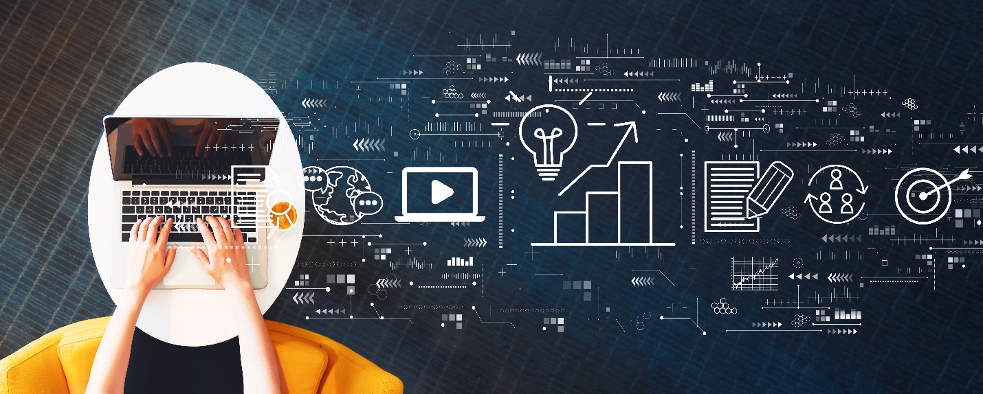 A person in a mask with a graph and light bulb icons
Description automatically generated